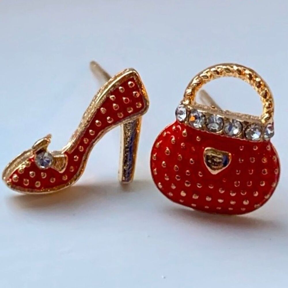 Red Handbag & Stiletto Mismatched Stud Earrings